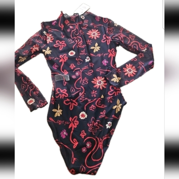 Desigual Womens Tulle Ruched Floral Artistic Long Sleeve Colorful Bodysuit L - Picture 11 of 15